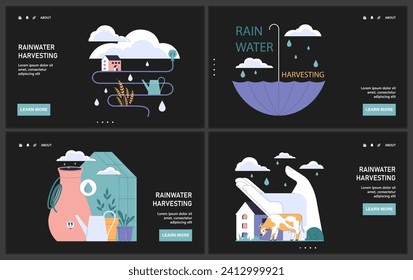 Rainwater harvesting web or landing dark or night mode set. Sustainable practice of urban water preservation and its use in gardening and farming. Natural water cycle. Flat vector illustration