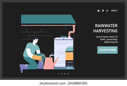 Rainwater harvesting web or landing. Sustainable practice of urban water preservation and its use in gardening and farming. Farmer watering plants with irrigation system. Flat vector illustration