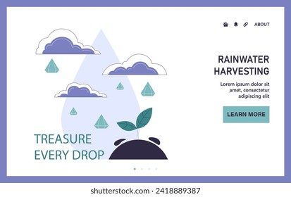 Rainwater harvesting web or landing. Sustainable practice of urban water preservation and its use in gardening and farming. Natural water cycle. Flat vector illustration