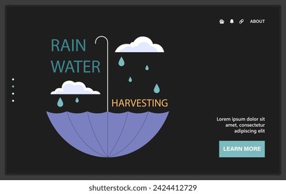 Rainwater harvesting web or landing. Sustainable practice of urban water preservation and its use in gardening and farming. Natural water cycle. Flat vector illustration