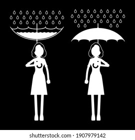 Rainwater harvesting woman, RWH icon, collection, storage of rain. Drops catchment technology with umbrella during fresh water scarcity. Vector illustration, black and white ink pen line art drawing