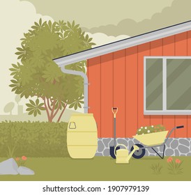 Rainwater rooftop harvesting downspout system, from the house into barrel. Runoff collection and storage of rain for reuse in household or garden in dry seasons. Vector creative stylized illustration