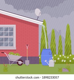 Rainwater rooftop harvesting system, collecting rain run-off in barrel. Runoff collection and storage of rainfall for reuse in household, garden in dry seasons. Vector flat style cartoon illustration