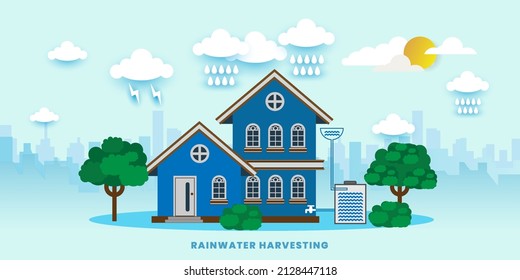 Rainwater rooftop harvesting system, Solution to water crisis, vector concept, vector illustration