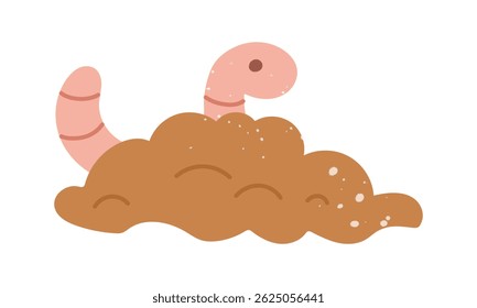 minhoca saindo do solo, com uma textura. Ilustração isolada de cor plana com elementos de doodle. Bonitinho. Adequado para decorar projetos infantis e da natureza, impressões, embalagens, blogs