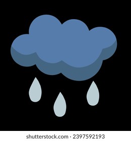 Rainy 3D Cartoon Weather Icon. Clouds and Raindrops Sign. With a black Background.
