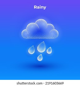Icono 3d de lluvia con efecto transparente. Icono de tiempo medio simple con nube minimalista y forma de caída.  Los puntos texturan la nube y dejan caer la ilustración.