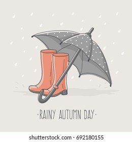 Rainy Autumn Day Card with Umbrella and Rubber Boots. 