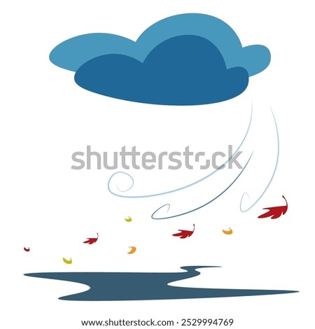 Rainy autumn day with rain, clouds, puddle and falling leaves vector background. Rainy weather icon. Nature rainfall.
