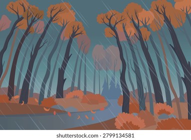 Rainy autumn forest landscape with winding pathway and tall trees stretching high into the sky. Atmospheric vector illustration in warm seasonal colors with depth and perspective.