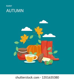 Rainy autumn vector flat style design illustration. Jam jar, rubber boots, clouds, pumpkin, acorns, mushrooms, leaves and cup of tea with lemon. Autumn composition for web banner, website page etc.