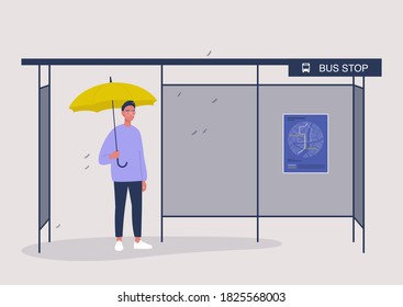 Rainy autumn weather, a male character waiting for a bus under the yellow umbrella