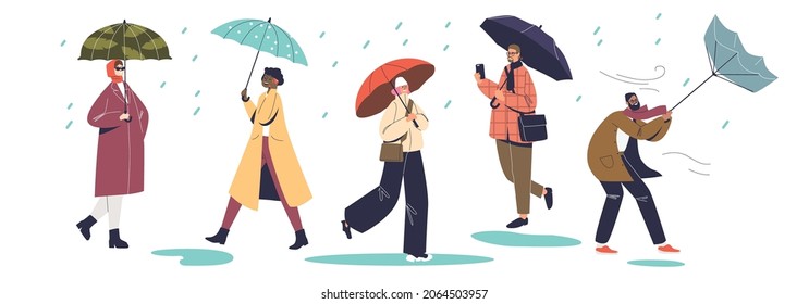 Rainy autumn weather: people walk holding umbrellas under rain struggling with cold wind. Cartoon character suffer from rainfall outdoors. Flat vector illustration