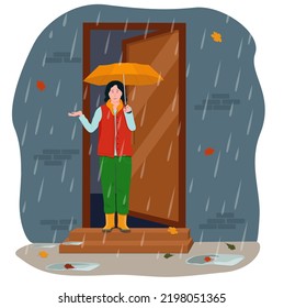 Rainy autumn weather, puddles.  A girl with an umbrella and rubber boots went outside. Vector illustration.