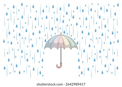 Rainy background with cartoon umbrella and water drops, flat vector design in soft pastel tones for nursery prints, kids books, and weather-themed content
