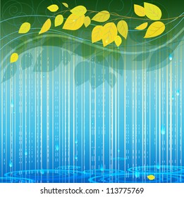 Rainy background with falling leaves, vector