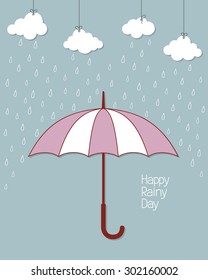 Rainy Background With Umbrella And Hanging Clouds