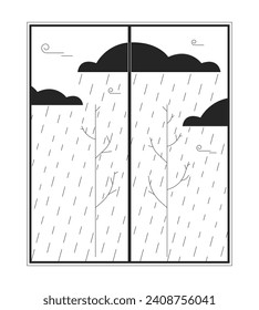 El mal tiempo lluvioso detrás de la ventana blanco y negro objeto de dibujos animados en 2D. La caída de las lluvias cae en nubes oscuras aisladas del elemento de contorno vectorial aislado. Ilustración de manchas planas monocromáticas de precipitación en otoño