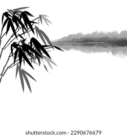 Rainy bamboo, lake reflections chinese landscape. Gohua, sumi-e ink wash painting. Traditional oriental art. Black and gray hills and plants isolated on white.Vector illustration for card,flyer,banner