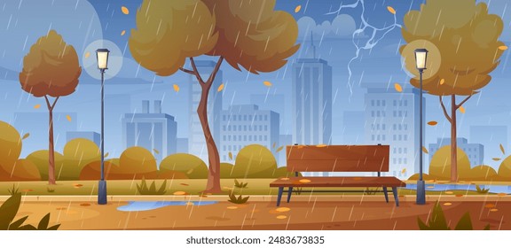 Regenreiches Panorama auf den Central City Park. Vektorillustration des Herbstfallparks mit Bäumen, Fallblättern, Blitzen, Bank, Gehweg Straße, Skyline, Stadtgebäude. Natürliche Landschaft. regnerisches Wetter