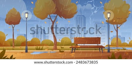 Rainy central city park panorama. Vector illustration of autumn fall park with trees, fall leaves, lightnings, bench, walkway road, skyline, town buildings. Natural landscape. Rainy weather