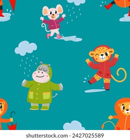Rainy characters seamless pattern. Adorable animals in raincoats and rain boots. Funny childish fabric print design, classy vector cartoon background