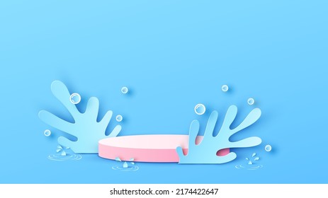 Rainy circle mockup scene podium with water splash and blank space. Water splash podium mockup template. paper cut and craft style. vector, illustration.