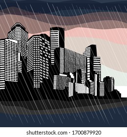 El paisaje de la ciudad lluviosa. Ilustración del vector