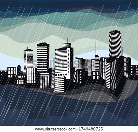 Rainy city landscape. Vector illustration