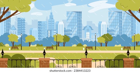 Rainy city park. Autumn and fall season scene with storm and rain drops. Windy and wet weather. Cityscape and urabn panorama with skyscrapers. Cartoon flat vector illustration