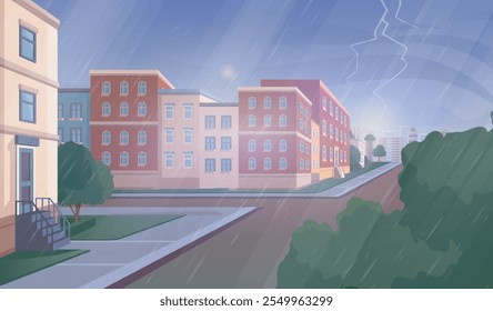 Rainy city street. Autumn and fall season day. Modern beautiful towns and buildings. Real estate and private property. Cityscape in puddle and rainfall. Flat vector illustration