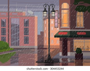 Rainy city. Vector flat cartoon illustration