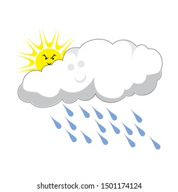 Rainy cloud  cartoon funny serious face, sun behind, hand drawn doodle, sketch isolated vector color illustration