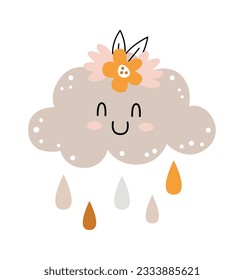 Rainy Cloud Character With Flowers Vector Illustration