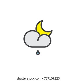 Rainy cloud and crescent moon filled outline icon, line vector sign, linear colorful pictogram isolated on white. Rain night weather symbol, logo illustration. Pixel perfect vector graphics