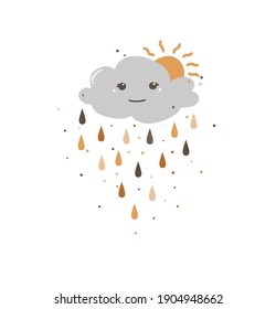 regnerische Wolke süße Vektorgrafik. süße Wolken mit farbigen Regentropfen. die Sonne versteckt sich hinter der Wolke. Babydusche Regenwolke