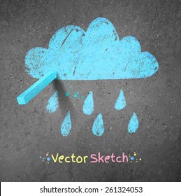 Rainy cloud drawn on asphalt background. Peace of blue chalk. Vector illustration.