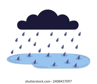 Rainy cloud falling raindrops 2D linear cartoon object. Storm bad weather downpour isolated line vector element white background. Gloomy fall season. Autumn rainfall color flat spot illustration