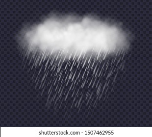 Rainy cloud isolated on transparent background. Realistic storm cloud with rain. Weather vector illustration.