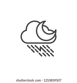 Rainy cloud with lightning and moon outline icon. linear style sign for mobile concept and web design. Thunder storm weather simple line vector icon. Symbol, logo illustration. Pixel perfect vector
