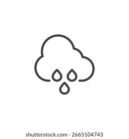 Rainy cloud line icon. Outline vector icon showing cloud with falling raindrops. Symbol for weather, rain or storm. Simple line icon format.
