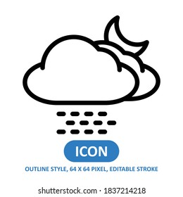 rainy cloud night line style vector icon on white background. weather vector illustration. Editable Stroke. 64 x 64 pixels. Simple modern design.