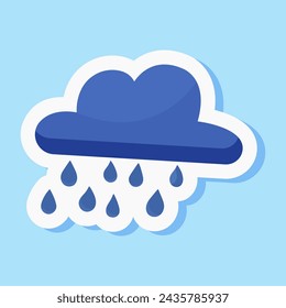 Rainy cloud sticker with falling raindrops. Autumn and spring weather, meteorology forecast. Cute cartoon design symbol. Humidity element. Isolated on blue background. Vector illustration