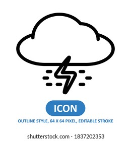 rainy cloud storm line style vector icon on white background. Weather vector illustration. Editable Stroke. 64 x 64 pixels. Simple modern design.