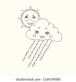 Rainy cloud and sun with lovely face, hand drawn doodle, sketch isolated vector outline black and white illustration