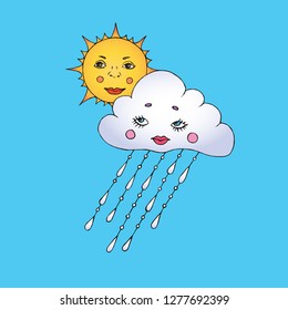 Rainy cloud and sun with lovely face, hand drawn doodle, sketch isolated vector outline color illustration