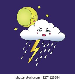 Rainy cloud with thunder and lightning, cartoon funny serious face, moon and stars behind,  hand drawn doodle, sketch isolated vector outline  color illustration