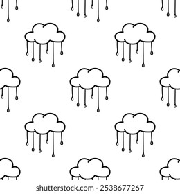 Rainy cloud vector doodle seamless pattern on white background