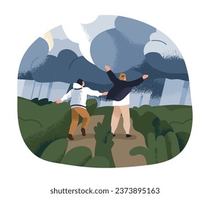 Rainy clouds in cloudy sky landscape. People walking in nature, looking at storm rainclouds and shower, downpour. Weather changing to showers. Flat vector illustration isolated on white background