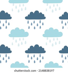 Rainy clouds hand drawn seamless pattern. Childish style vector background. Cute print for kids apparel, scrapbooking, wallpaper
